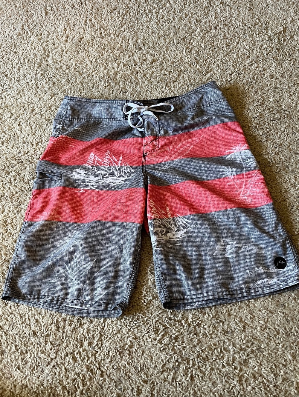 Rusty Y2K Board Shorts Pirate Ship Print Gray and Red